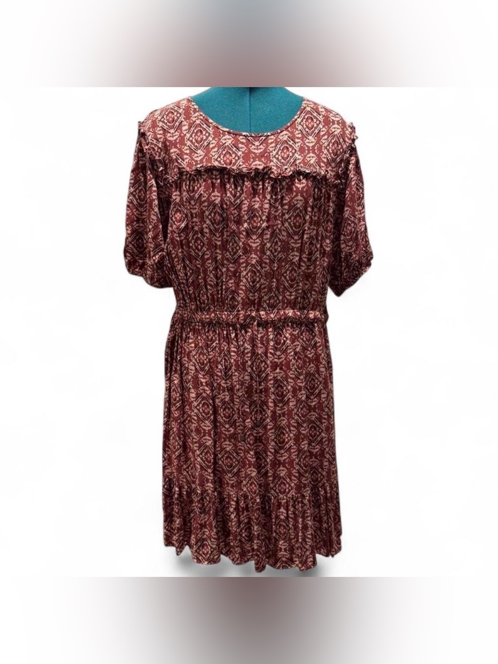 Maurices Burgundy Printed Midi Dress with Ruffle Yoke Detail